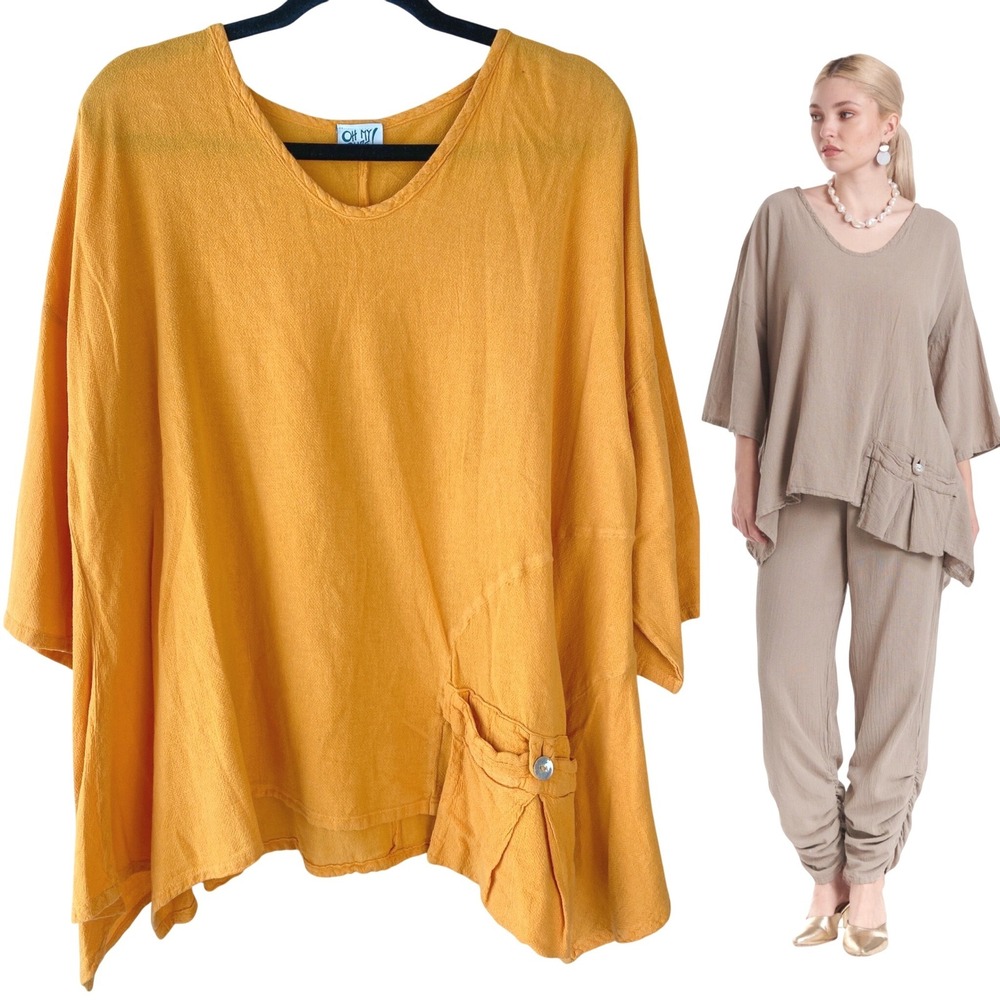 Oh My Gauze Womens Pocket Blouse XL Orange Cotton Asymmetrical Lagenlook Boho